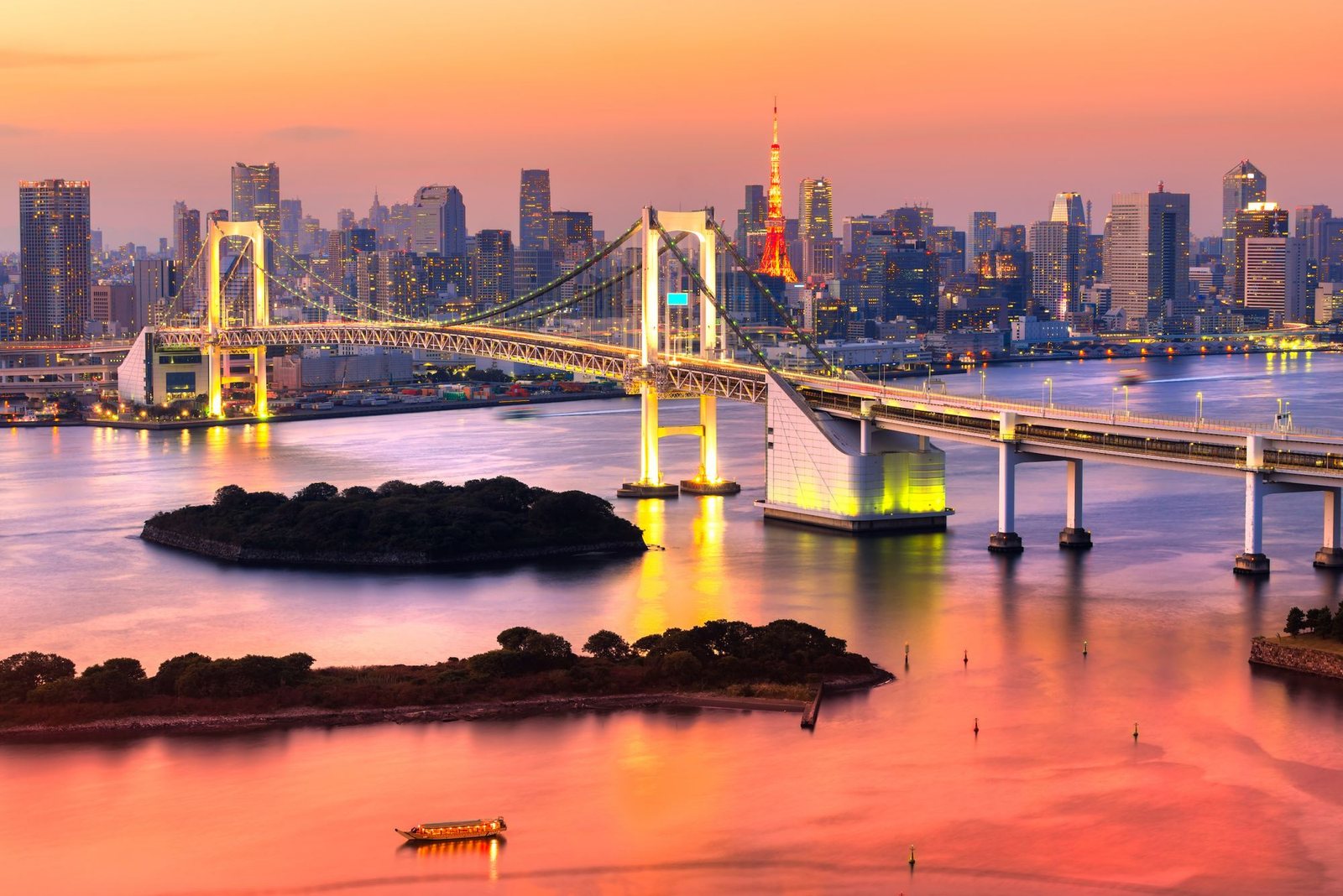 Tokyo skyline and Rainbow Bridge at sunset