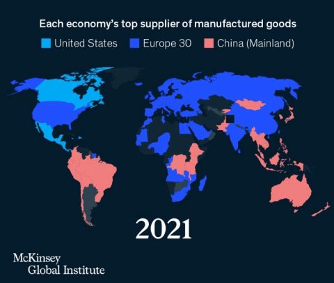 Map showing each economy's top supplier of manufactured goods in 2021